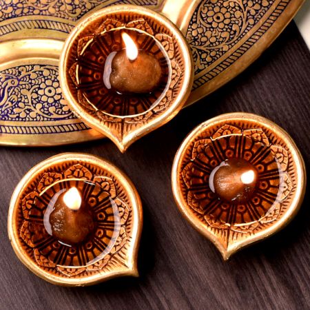 Festival Big Flower Engraved Diya Oil Lamp Pack of 3